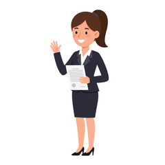 Professional businesswoman holding document waving hand cartoon character illustration