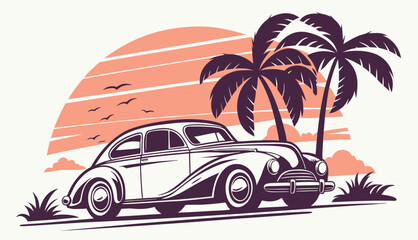 Classic Car Sunset Cruise with Palm Trees - Tropical Beach Vacation Art