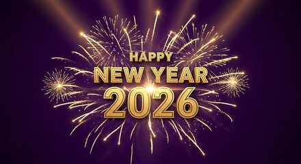 Golden happy new year 2026 text with explosive fireworks display
