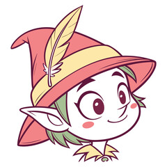 Cute elf character wearing a pink hat with feather