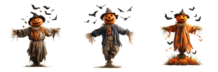 Set of Halloween scarecrow with multiple pumpkins on transparent png background. Ai generated