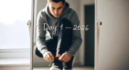 man in a hoodie tying his sneakers in front of a mirror with Day 1 - 2026 written on it. New year fitness resolution and fresh start