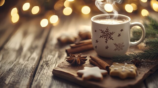 White coffee mug with a snowflake design sits on a wooden table