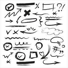 Collection of hand drawn doodle elements including arrows checkmarks circles and speech bubbles