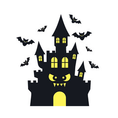 Spooky Halloween Haunted Castle with Bats Flying Around.