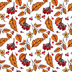 Seamless vector pattern of rowan berries, autumn leaves, yellow flowers, twig. All objects are hand-drawn in vector. The illustration is suitable for printing on fabric, paper, creativity and design.