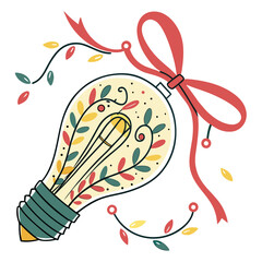 Light bulb with festive floral decoration and red ribbon