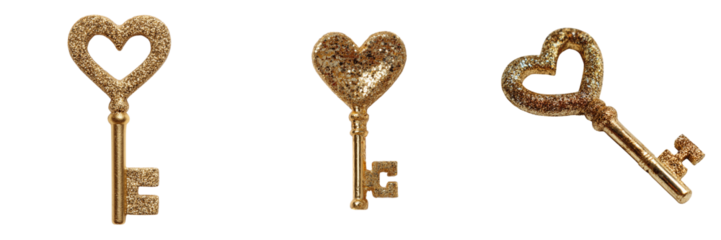 Set of Glittering gold heart key with intricate details on transparent png background. Ai generated