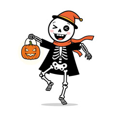 Whimsical Halloween Skeleton with Pumpkin Lantern and Festive Attire.