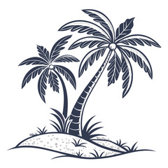 Two dark blue palm trees on a small sandy island tropical