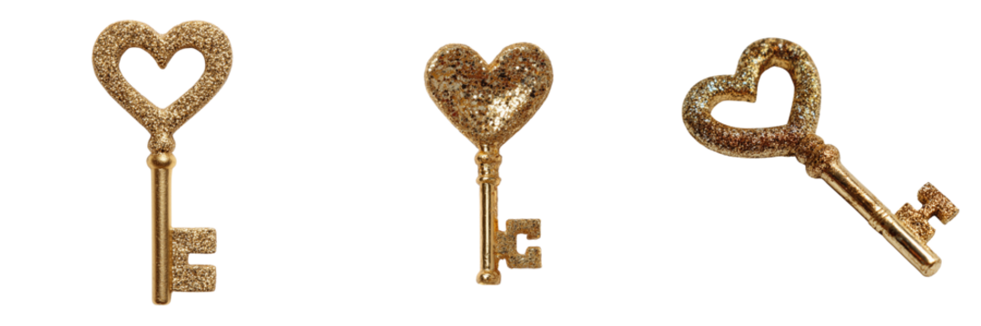 Set of Glittering gold heart key with intricate details on transparent png background. Ai generated - Powered by Adobe