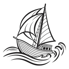 Black outline sailboat on stylized waves vector graphic