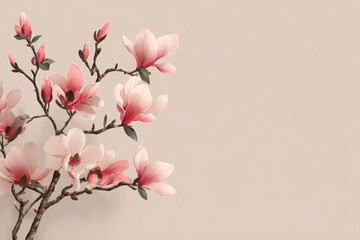 Obraz premium Pink magnolia blossoms on branches, a delicate spring floral motif and ample copy space.
