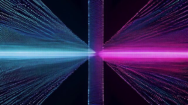 Vertical stippled stripes neon gradient tones electric blue, magenta, violet dark background. Dots gently, hypnotic feel. Works well tech presentations, overlays, futuristic digital art