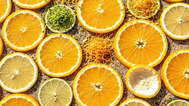 vibrant citrus fruit slices and fresh zest scattered on a sandy surface ideal for healthy eating and summer themes.