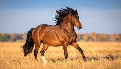 A brown horse galloping across a golden field, mane and tail flowing in the wind. Sunlight illuminates the scene, with a clear, light-blue sky and autumnal trees in the background