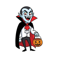 Cartoon Vampire Character Holding a Halloween Pumpkin Candy Bucket.