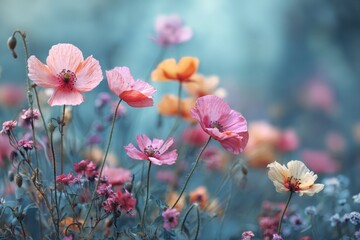 Obraz premium A vibrant and dreamy field of delicate pink and orange poppies blooming in soft focus.