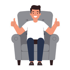 Happy man sitting in armchair giving two thumbs up gesture of approval illustration