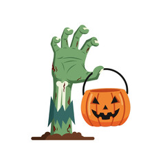 Cartoon zombie hand rising from the grave holding a Halloween pumpkin bucket. © Riftadevi