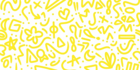 Abstract yellow doodle pattern on white background. Abstract yellow playful memphis style design pattern with geometric shape circles, triangles, squares, wave, lines, plus, dots on white