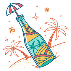 Beach cocktail bottle with umbrella and palm trees