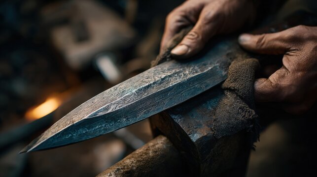 First-Person View of Hands Wrapping a Forged Blade in Cloth