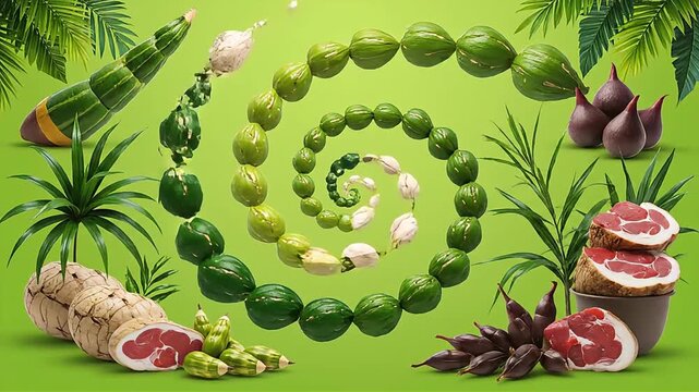 food spiral pattern green and white plant pods fresh produce raw meat tropical leaves on vibrant background.