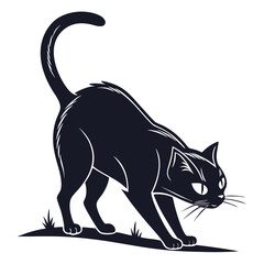 Black cat arched back with glowing eyes on grass animal