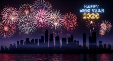Vibrant new year fireworks illuminate a silhouetted city skyline over reflective water