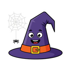 Cute Cartoon Witch Hat with Happy Face and Orange Buckle.