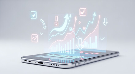 Smartphone Displaying Holographic Upward Trend Stock Market Charts and Graphs mobile isolated on a transparent background