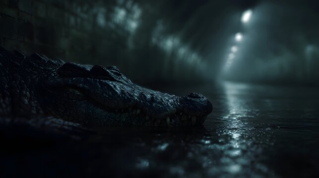 A crocodile rests partially submerged in the dark water of an underground tunnel illuminated by distant lights - Powered by Adobe