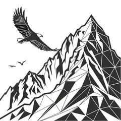 Black polygonal mountain range with eagle and birds