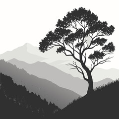 Black silhouette tree on layered gray mountains landscape