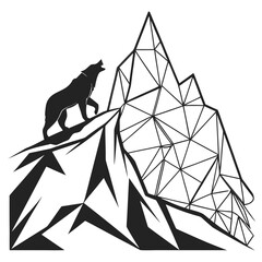 Black wolf howling on abstract geometric mountain peak