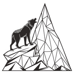 Black wolf howling on polygonal mountain peak rock