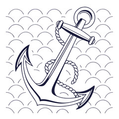 Dark blue anchor with rope on wave pattern nautical