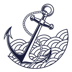 Dark blue anchor with rope on stylized waves nautical