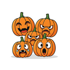 Five Halloween Pumpkins with Various Cartoon Facial Expressions.