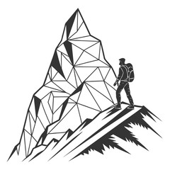Hiker on abstract polygonal mountain peak climbing