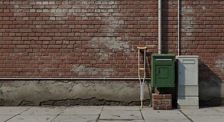 An old brick wall with a mailbox and crutches in an urban environment