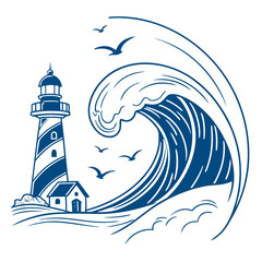 Lighthouse and crashing wave with seagulls ocean water