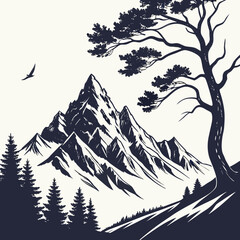 Ink brush mountain silhouette with pine tree and bird