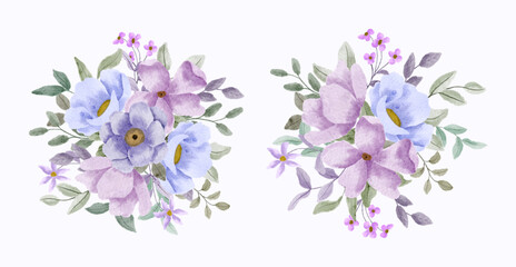 set of delicate purple floral watercolor bouquet