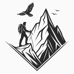 Hiker on mountain peak with birds flying backpack hiking
