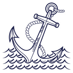 Navy anchor with rope in stylized ocean waves vector