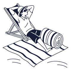 Man in deck chair on striped towel with rolled towel