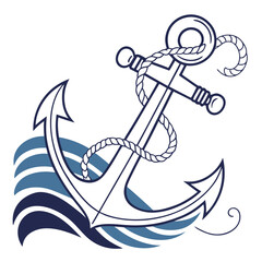 Navy anchor with rope and blue wave pattern nautical
