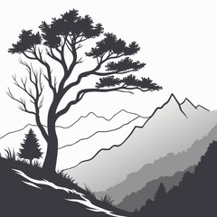 Silhouette of a large tree against layered mountain ranges